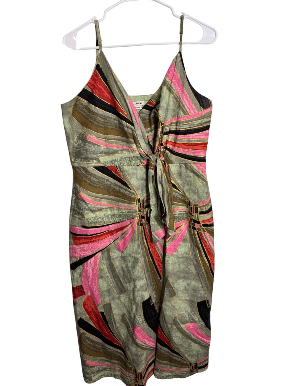 Jason Wu Olive Multicolor Abstract Watercolor Tie-Front Knotted Midi Dress - Picture 2 of 10